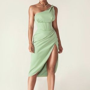 ALIEVA HARPER CORSET SATIN MIDI DRESS (SAGE GREEN)
